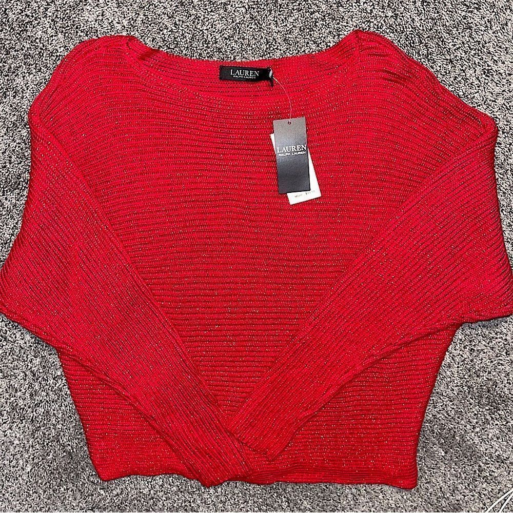 LRL Ralph Lauren Womens Sweater Red Sparkle long sleeve top NWT $100